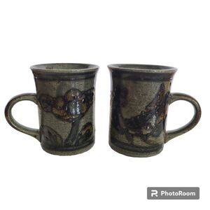 Vintage Handmade Brown Stoneware Glazed Pottery Coffee Mugs Tea Cups Eclectic